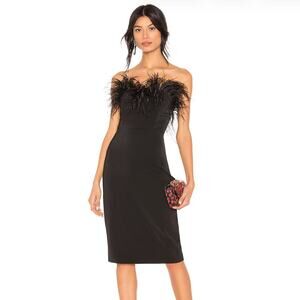 LPA Aurora Dress in Black Strapless Feather Trim Cocktail NWT Size Small